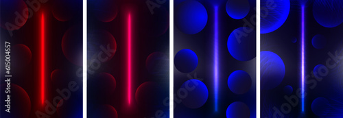 Set of red and blue glowing neon bars with 3d spheres and dimensional warp effect posters. Cyber neon abstract backgrounds. Editable Vector Illustration. EPS 10.