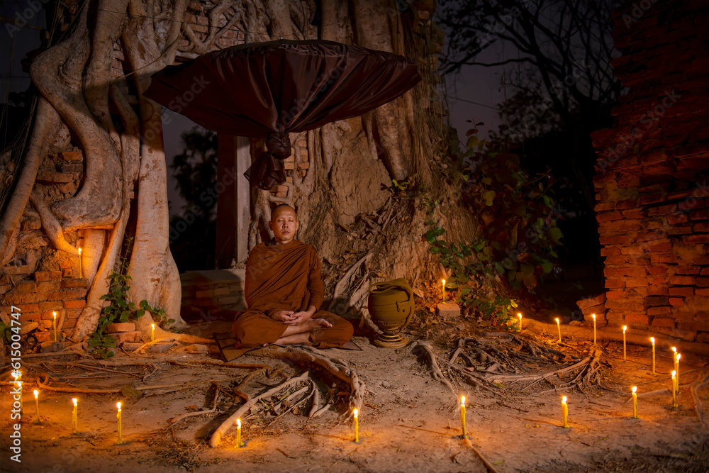 The monks sit in meditation to calm the body and mind which makes life happy. The monks sit in meditation to calm the body and mind which makes life happy.
