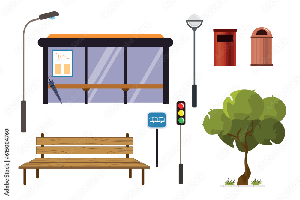 Set Of Bus Stop Elements In Cartoon Style Vector Illustrations Of set-of-bus-stop-elements-in-cartoon-style-vector-illustrations-of