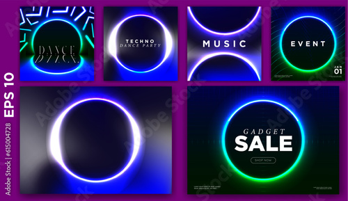 Set of Abstract digital neon glow Poster templates background with neon and digital elements. Template. Perfect for nightlife, music, dj, gadgets, festivals, clubs, party, tech sales. Vector EPS 10.