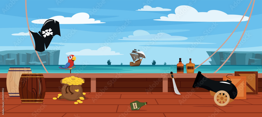 Vector illustration of a beautiful sea view from a pirate ship. Cartoon ...