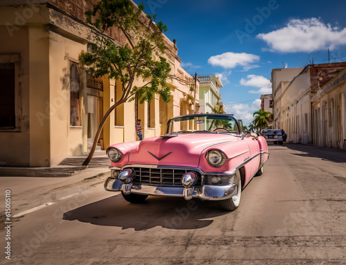 Vibrant illustration of American vintage car driving in Havana, Cuba in daylight. Colorful exotic retro Havana's streets make a magnigicent magical cityscape.   © Michael