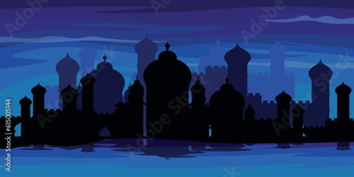 Vector illustration of a beautiful night view of an Islamic city. Cartoon scene with a night landscape of Islamic architecture, mosques, domes and columns, the sea. Arab city.