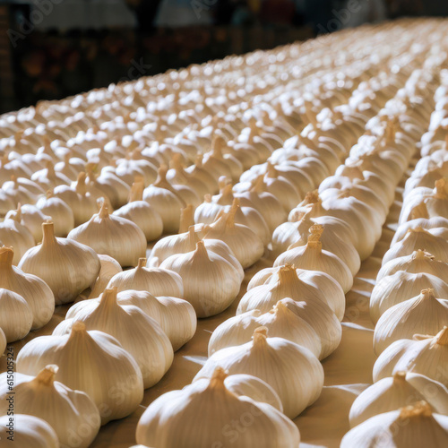 Rows of garlic laid on a table at the garlic festival event.Generative AI