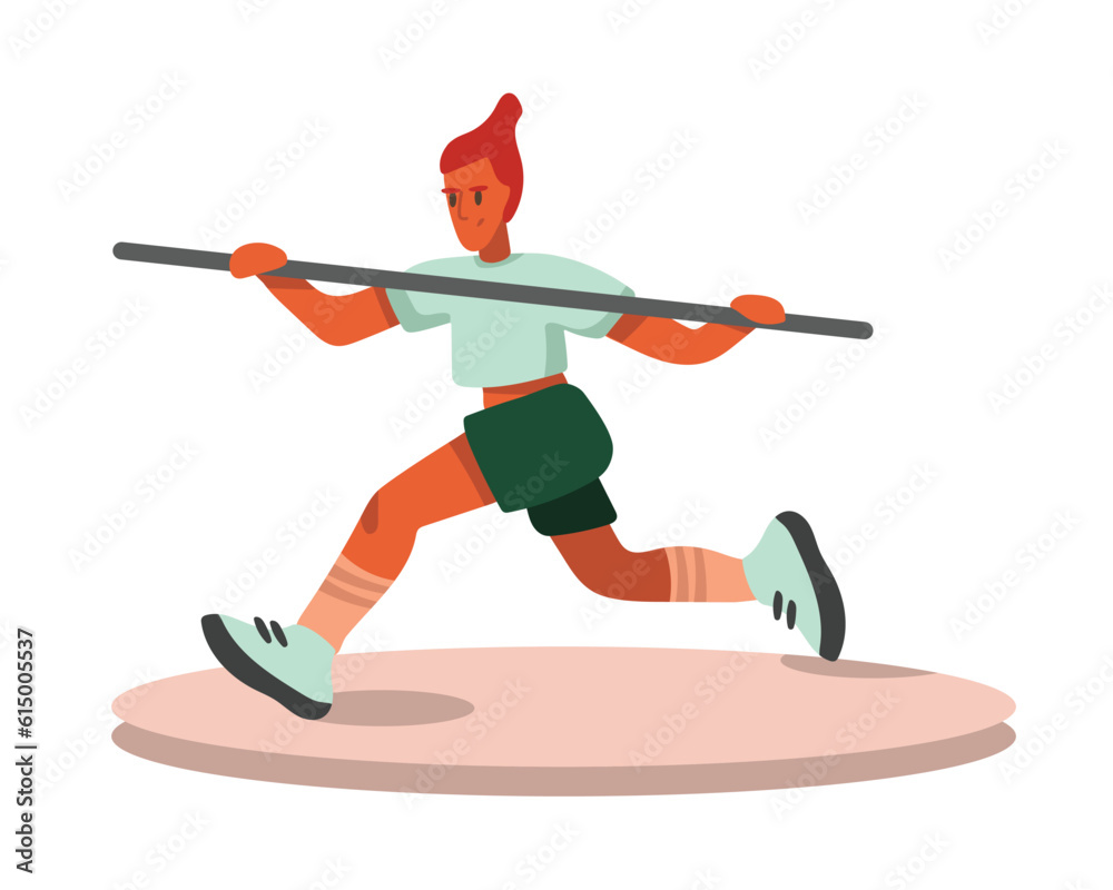 Obraz premium Cartoon red haired girl running in preparation for pole vault. Time for javelin throw. Process of doing sports exercises. Active and healthy lifestyle. Vector