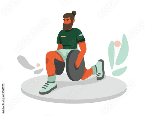 Serious bearded cartoon guy does lunges with dumbbell weights. Workout with sportive equipment. Time for sports exercises. Active and healthy lifestyle. Vector