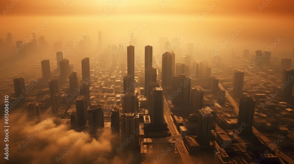 Suffocating Skies: A cityscape engulfed in smog, depicting the effects of air pollution | generative ai
