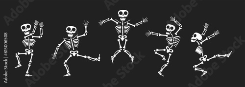 Skeletons dancing with different positions flat style design vector illustration set. Funny dancing Halloween or Day of the dead skeletons collection. Creepy, scary human bones characters silhouettes.