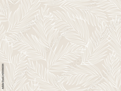 Seamless floral abstract background with leaves drawn by thin lines. Grey background with white leaves, monochrome.Vector floral pattern