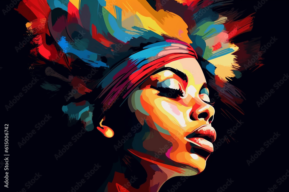 Portrait of beautiful african american woman. Vector  art, abstract painting  isolated on black. Black lives matter, BLM poster created with Generative AI technology