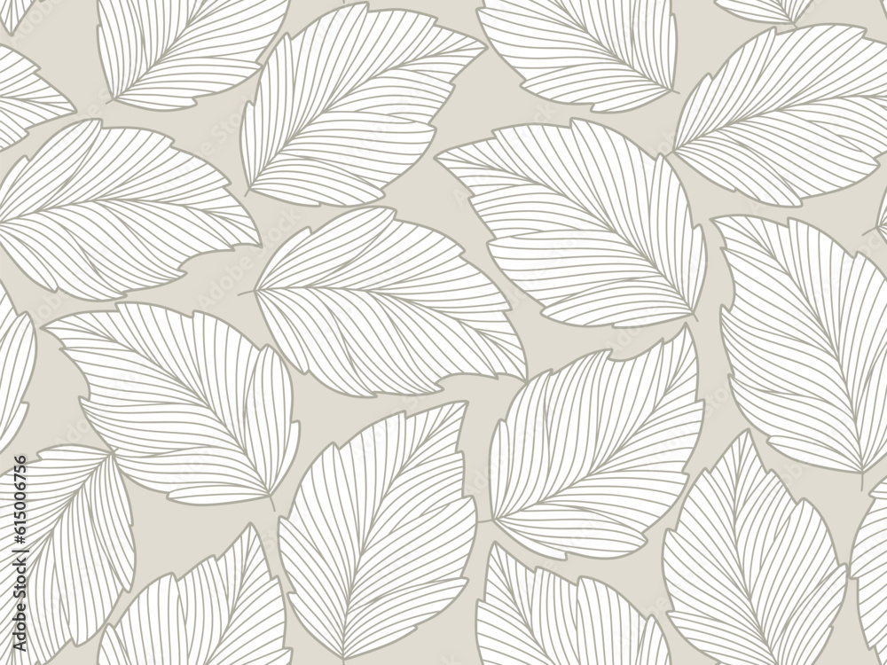 Seamless floral abstract background with  leaves drawn by thin lines. Grey  background with white leaves, monochrome.Vector floral  pattern