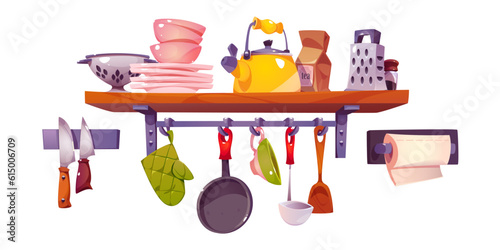 Kitchen shelf with utensil and dish vector set. Kitchenware tool object on hanging shelves interior furniture. Plate, kettle, pan, cutlery and towel accessory at home. Restaurant equipment and