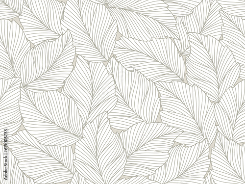 Seamless floral abstract background with  leaves drawn by thin lines. Grey  background with white leaves  monochrome.Vector floral  pattern