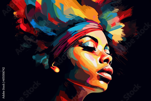Portrait of beautiful african american woman. Vector  art  abstract painting  isolated on black. Black lives matter  BLM poster created with Generative AI technology