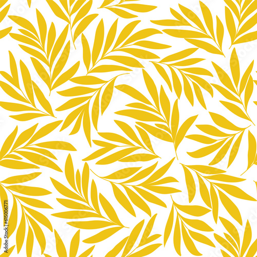 Seamless floral background with leaves. Hand drawn minimal abstract organic shapes pattern. Vector white abstact pattern with yellow leaves.