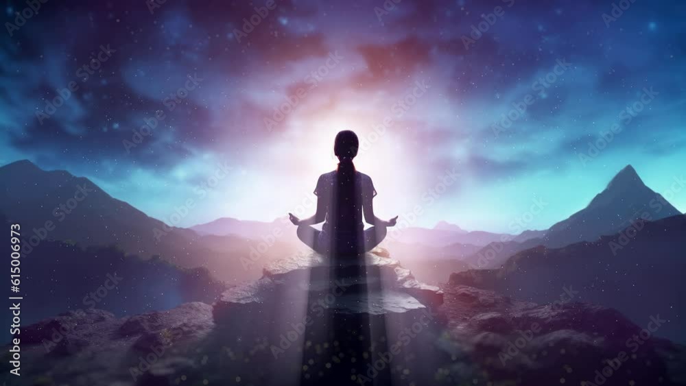 Silhouette woman meditating on top mountain with rays of rising sun, zen yoga meditation practice in nature 3D video endless loop background. Silhouette woman meditating on top mountain with rays of rising sun, zen yoga meditation practice in nature 3D video endless loop background.