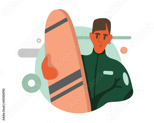 Cartoon young brunet guy in diving suit standing with surfboard. Workout with sportive equipment. Active and healthy lifestyle. Vector flat style illustration on white background