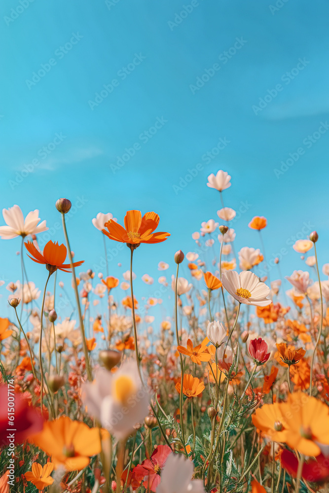 Autumn landscape, a field full of fresh flowers and meadow poppies in the wind. Yellow and red warm colors. Illustration. Generative AI. Autumn landscape, a field full of fresh flowers and meadow poppies in the wind. Yellow and red warm colors. Illustration. Generative AI.