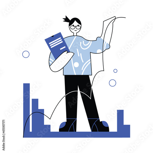 Female standing near chart, holding part of diagram. Good business process. Lady doing different tasks at work. Time management efficiency. Flat vector illustration in blue colors