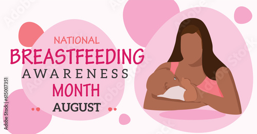 National breastfeeding awareness month banner. August. Vector poster with woman breastfeeding an infant.