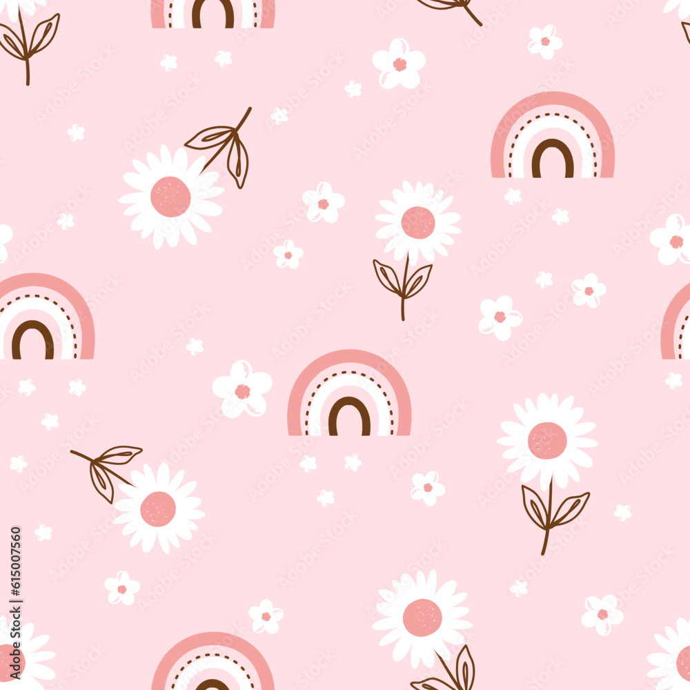 Seamless pattern with daisy flower and rainbows on pink background. Seamless pattern with daisy flower and rainbows on pink background.