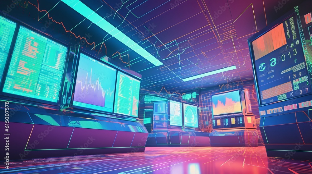 Obraz premium Futuristic trader computer system display room interior background. Generative AI technology