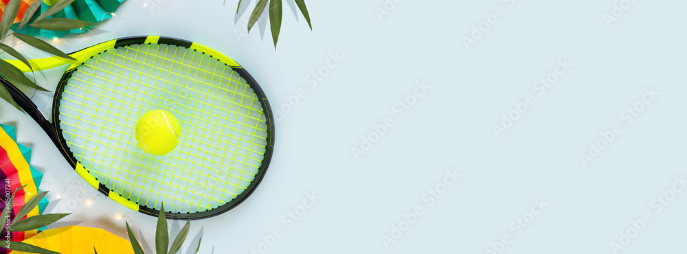 Tennis, summer banner with racket, yellow tennis ball, colorful paper fans and palm leaves on a blue background with place for text. Tennis competition. Flat lay, banner size, copy space