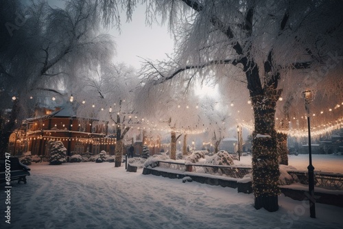 A joyful winter wonderland filled with snow and decorated trees. Generative AI
