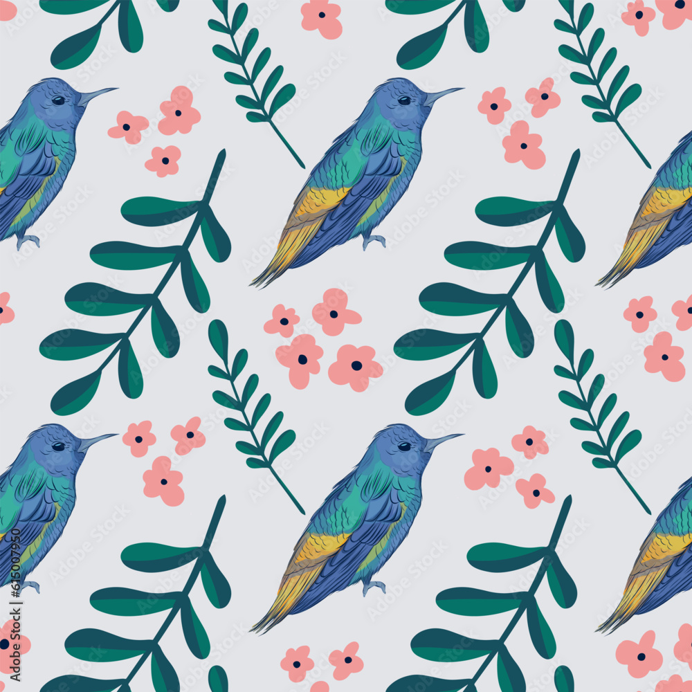 Hand drawn bird pattern on flower and leaves background