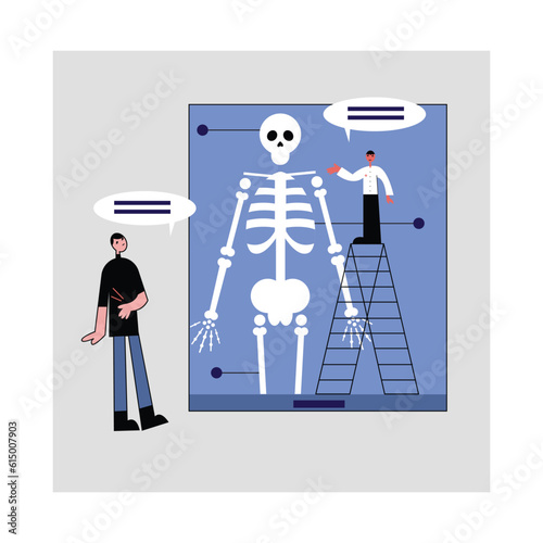 Handsome professional vertebrologist consulting patient via Internet. Making treatment of pain in back and musculoskeletal system online. Osteoarthritis diagnostics checkup. Vector