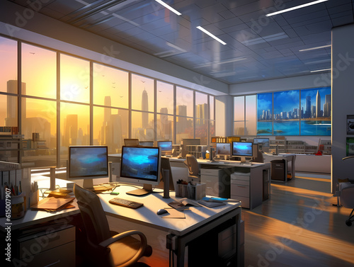 Modern office space, high detail concept art, perfect proportions fine face, vivid colors, photorealistic shaded lighting poster trending on art station. Created with Generative AI