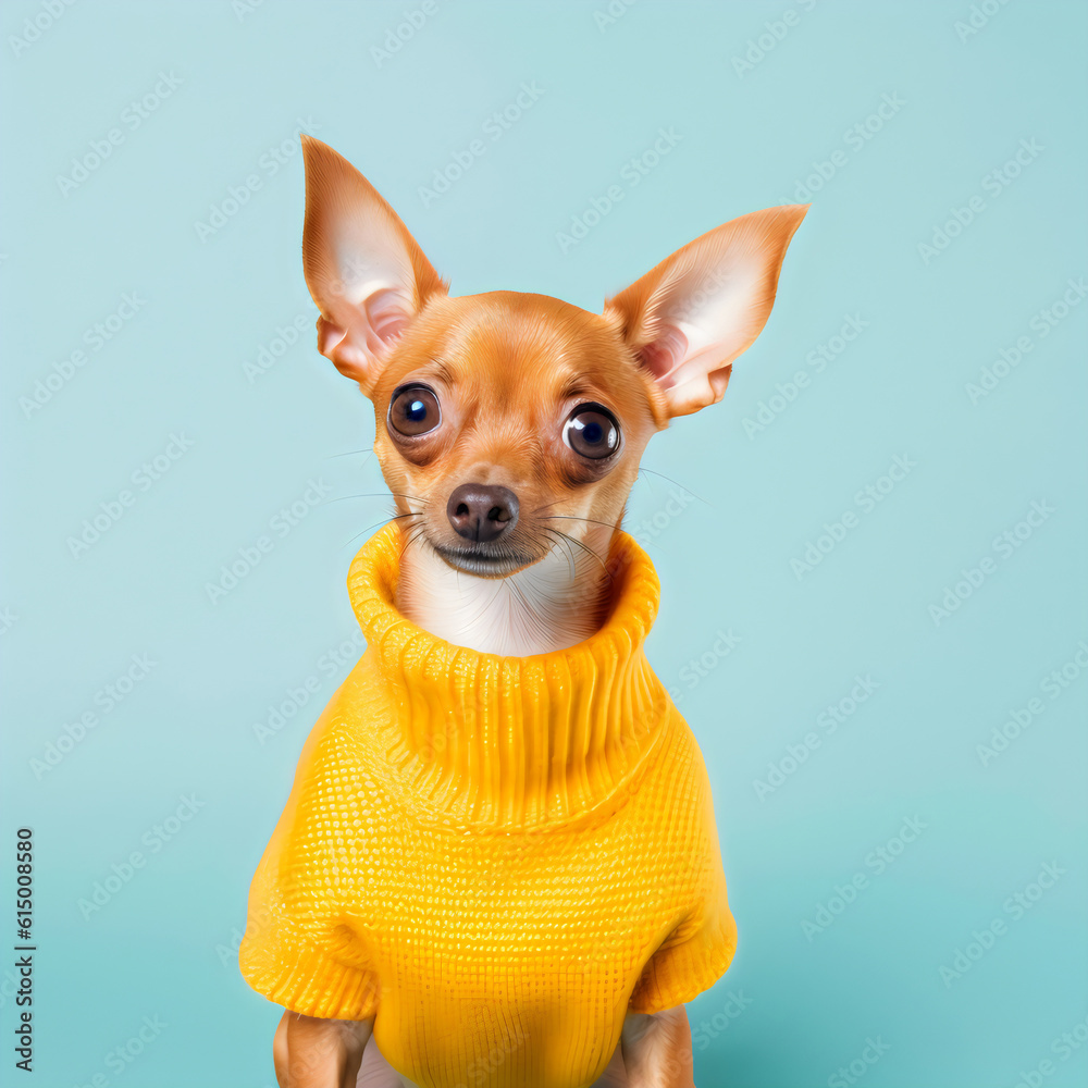 chihuahua dog wearing knit sweater isolated on plain blue studio background, made with generative ai