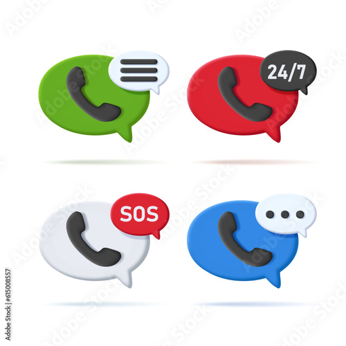 Call center support concept, 3d shapes of speech bubbles with telephone tube supporting icons, roundclock, sos, answer the call or hang up photo