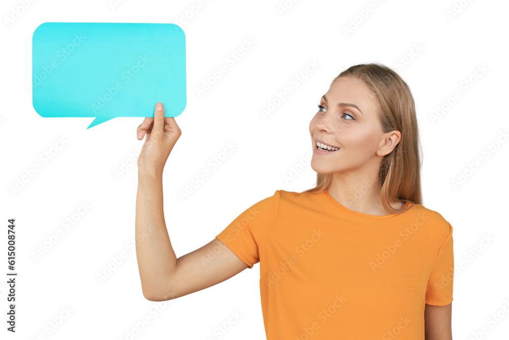 Happy beautiful young blonde woman standing on a transparent background holding empty speech bubble Happy beautiful young blonde woman standing on a transparent background holding empty speech bubble