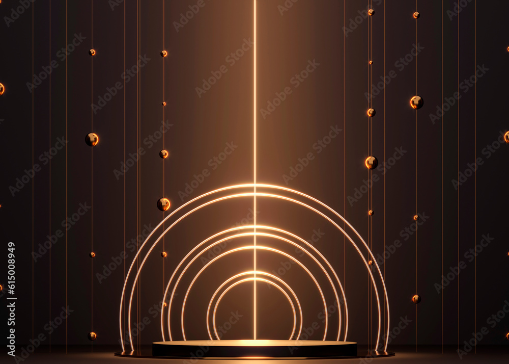 Dark podium, pedestal, platform on dark background. Golden frame, flying spheres - 3d render abstract illustration. Empty space for product mockup design. Show concert rewarding winners. 