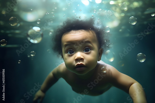 cute poc baby swimming underwater through bubbles, made with generative ai