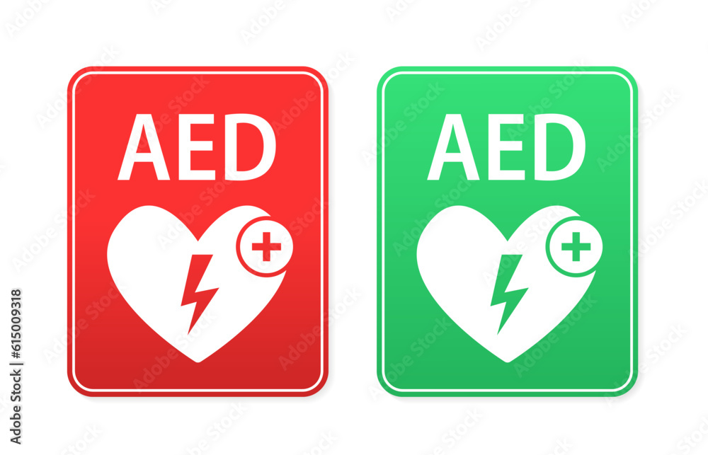 Emergency first aid defibrillator sign. White heart icon and white