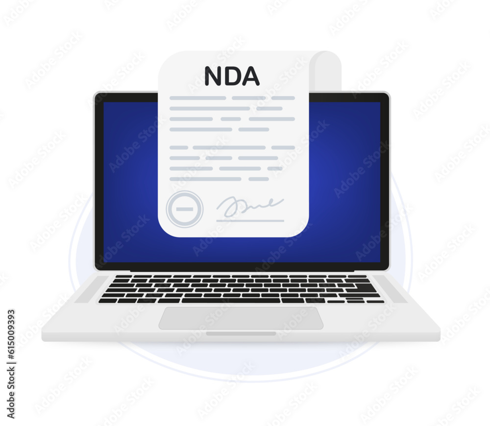 Signing NDA. Nda documents on laptop screen. Non disclosure agreement document. Agreement concept. Signature privacy document. Business confidentiality paper. Vector illustration Signing NDA. Nda documents on laptop screen. Non disclosure agreement document. Agreement concept. Signature privacy document. Business confidentiality paper. Vector illustration