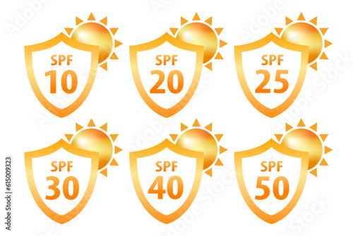Icons for sunscreen products. Set of flat SPF sun protection icons isolated on white background. spf 30, 50, sun, UV protection. Sun vector icon. Vector illustration