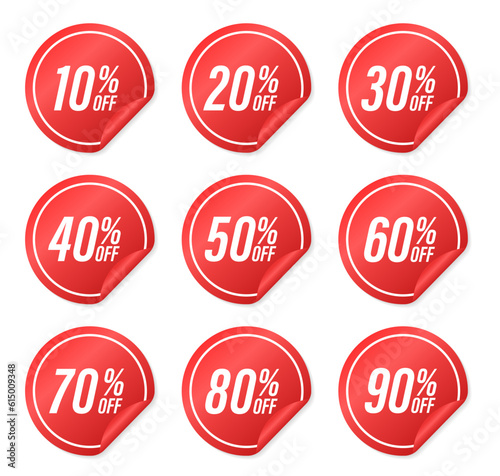 Sale tags set badges template, 10 off, 20, 30, 40, 50, 60, 70, 80, 90 percent sale label symbols. Big sale concept. Discount promotion flat icon, clearance sale sticker emblem. Vector illustration