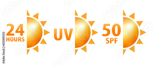 UV, 24 hours, SPF50 sun protection icon. Sun vector icon. Sun protection vector icons. Vector illustration