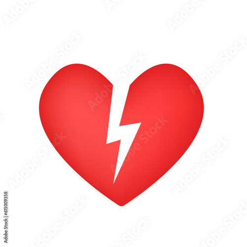 Vector of a red AED Sticker with heart shape and lightning. Love energy logo. Red heart with a lightning. Vector illustration