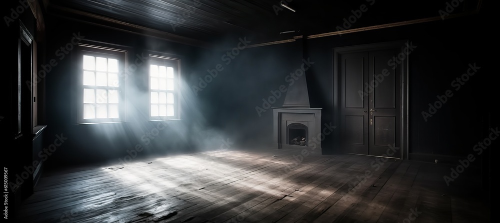Empty dark misty classic room with lights through the window. Generative AI technology.