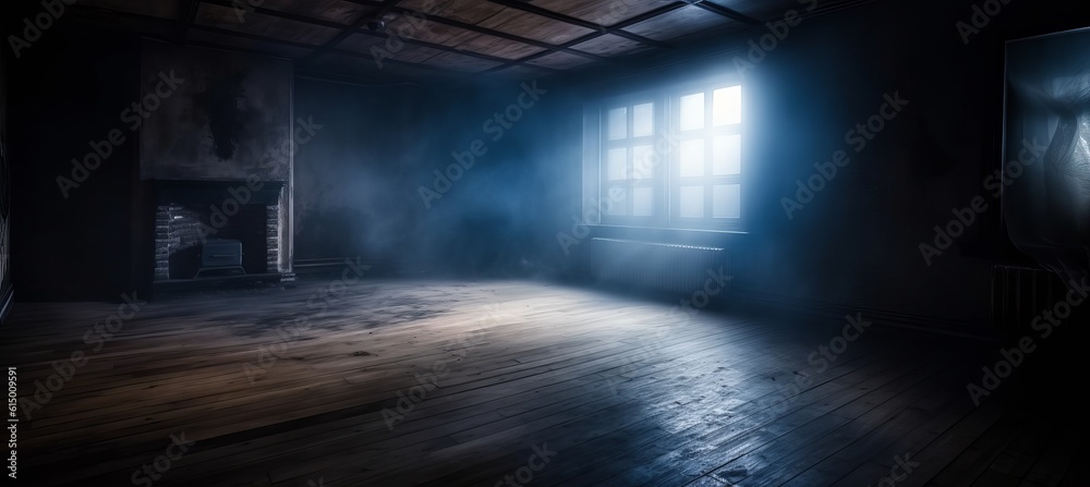 Empty dark foggy room with lights through the window. Generative AI technology. Empty dark foggy room with lights through the window. Generative AI technology.