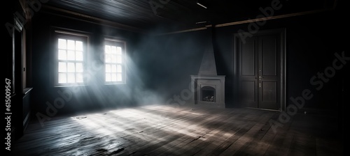 Empty dark misty classic room with lights through the window. Generative AI technology.