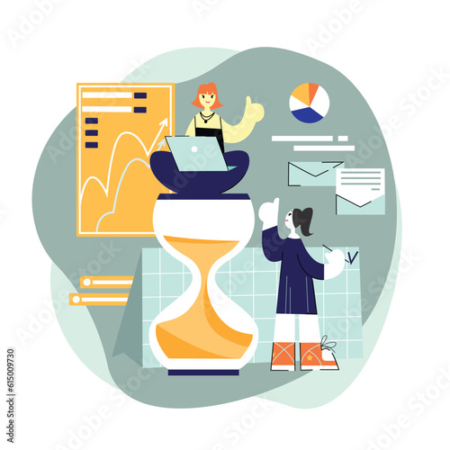 Happy people showing thumb up gestures and working while managing their time. Cartoon characters planning schedule. Productivity and efficiency in business. Successful cooperation. Vector