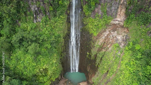Waterfall in Guadeloupe in Caribbean sky view