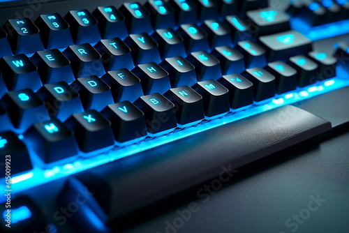 Close up of blue illuminated computer keyboard  generative ai