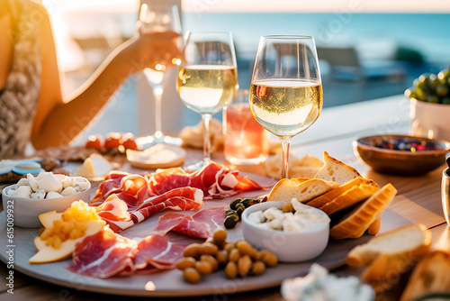 Pareja almorzando en restaurante de lujo con vistas al mar.Desayuno saludable de verano.Concepto de almuerzo mediterráneo en hotel de costa