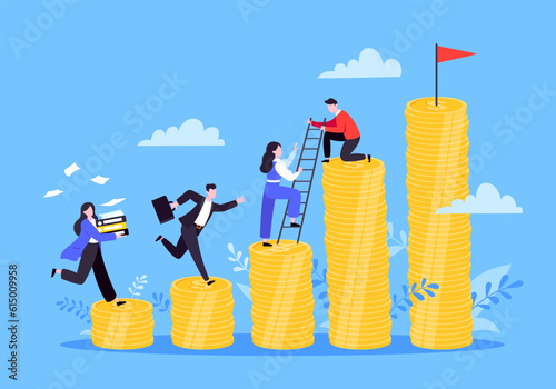 Business mentor helps improve career and money stacks growing. He holds stairs steps vector illustration. Mentorship, upskills, climb help self development strategy flat style design business concept.